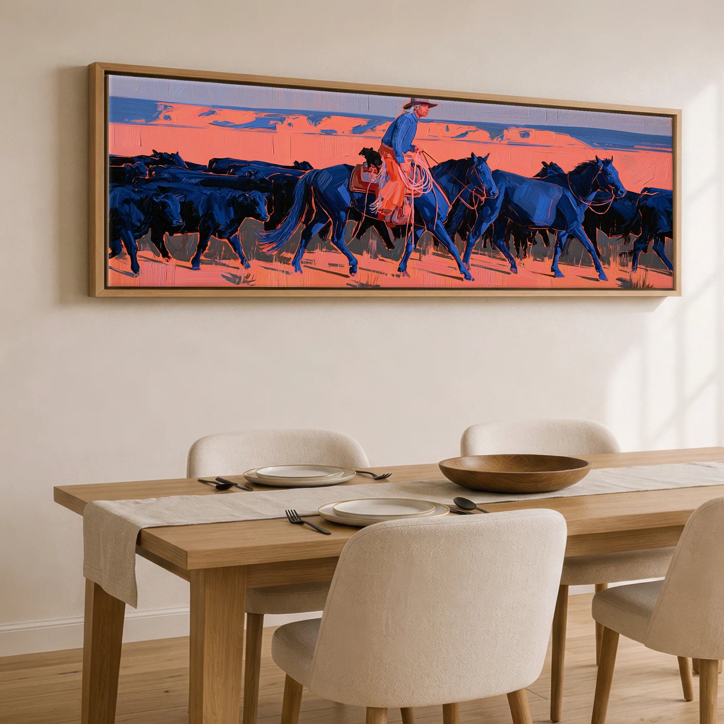 Desert Drover Western Horse panoramic canvas wall art displayed above a dining table