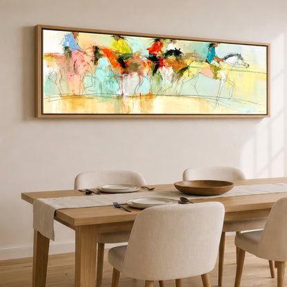 The Vibrant Canter Horse & Rider panoramic canvas wall art displayed above a dining table