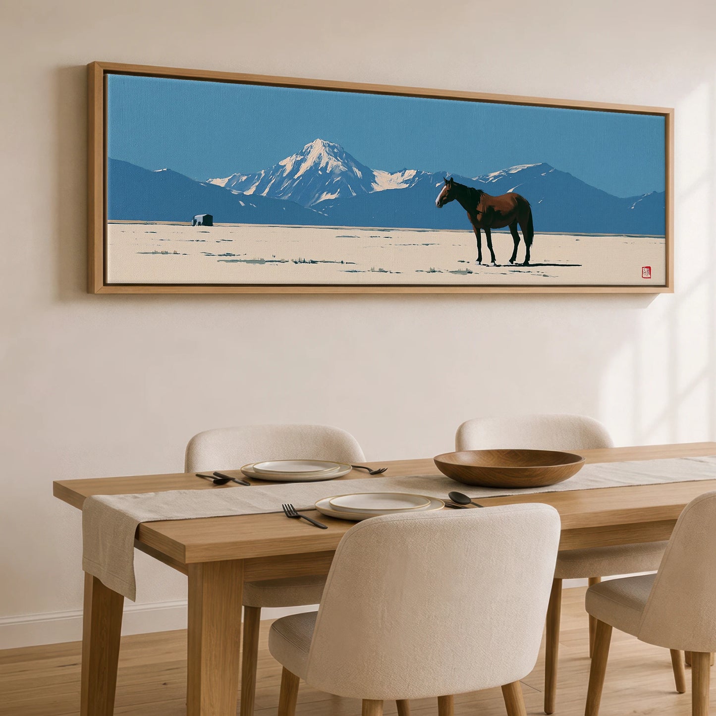 The Vast Horizon Horse Landscape panoramic canvas wall art displayed above a dining table