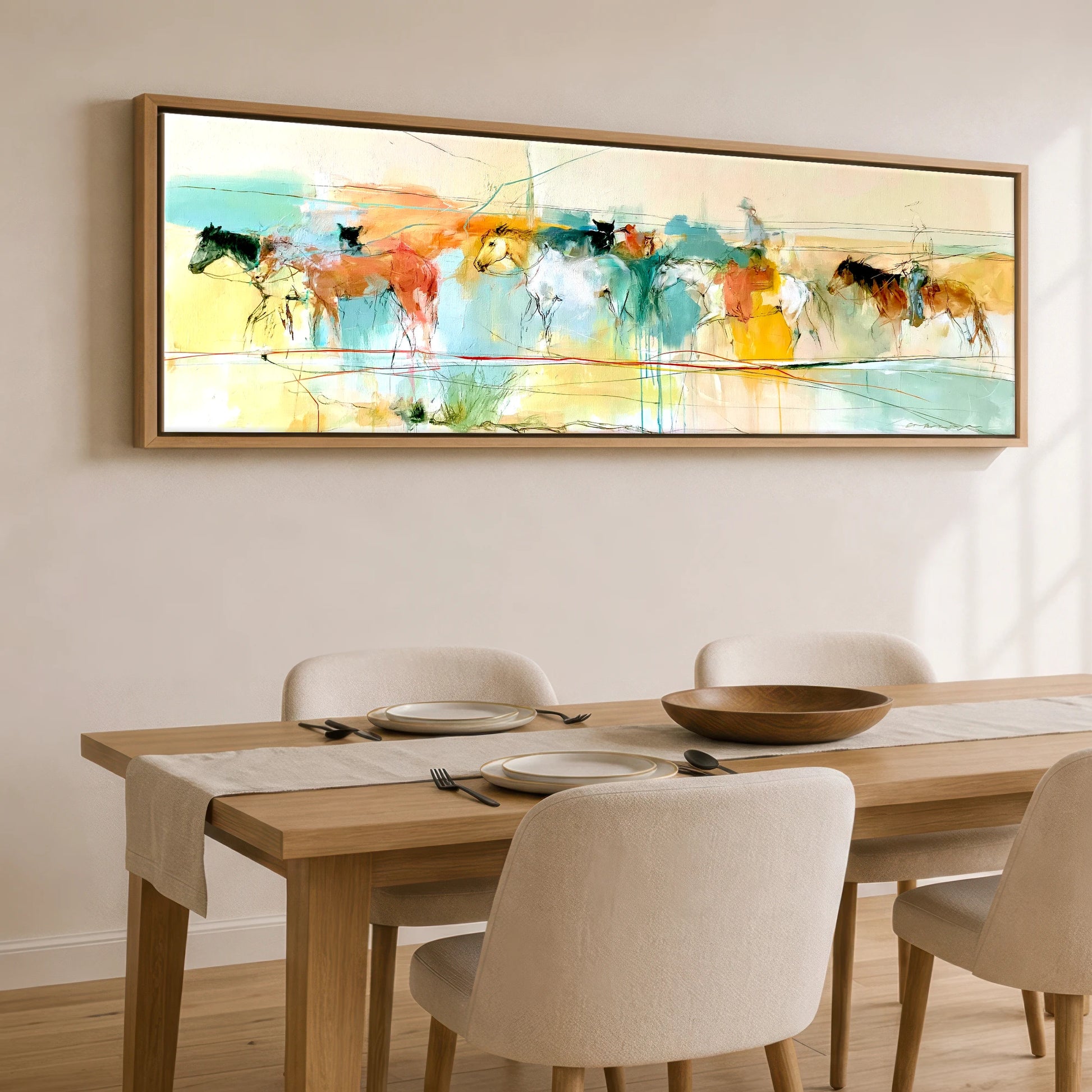 The Painted Trail Horse Landscape panoramic canvas wall art displayed above a dining table
