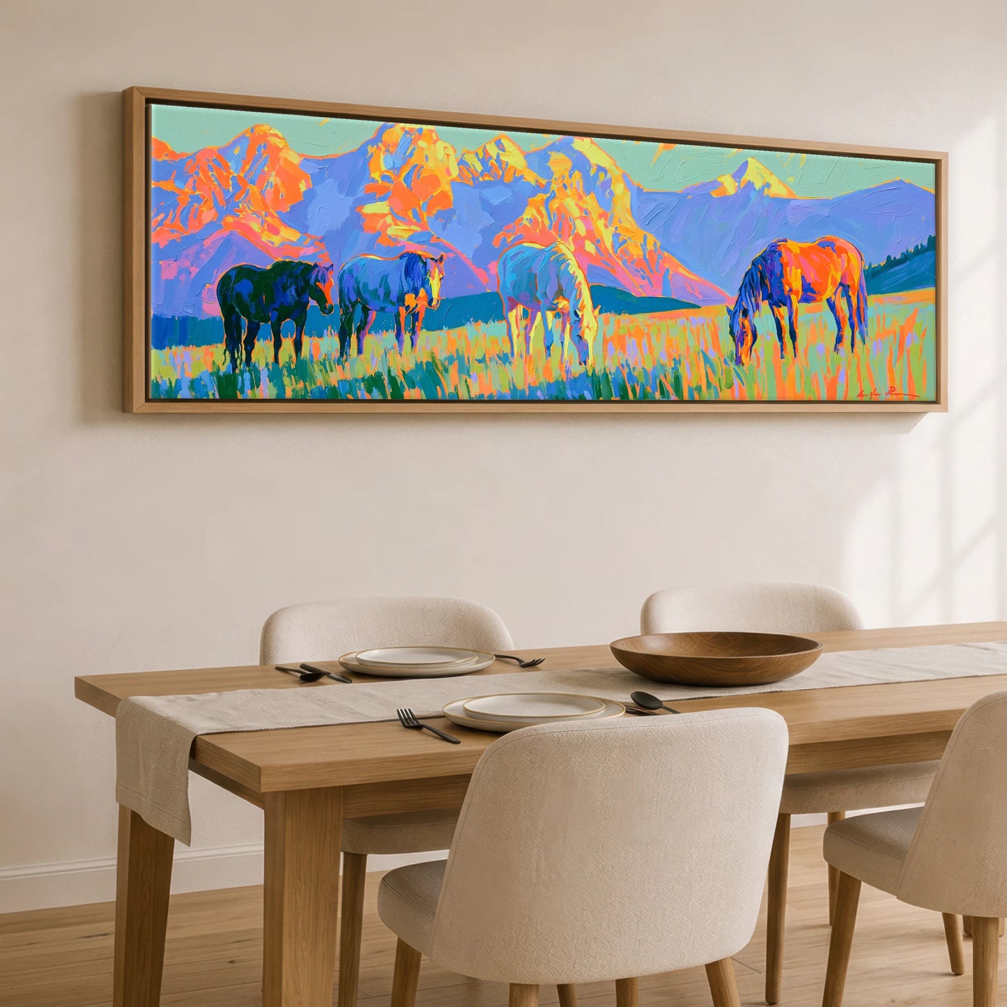 Painted Mountain Pasture Horse Landscape panoramic canvas wall art displayed above a dining table