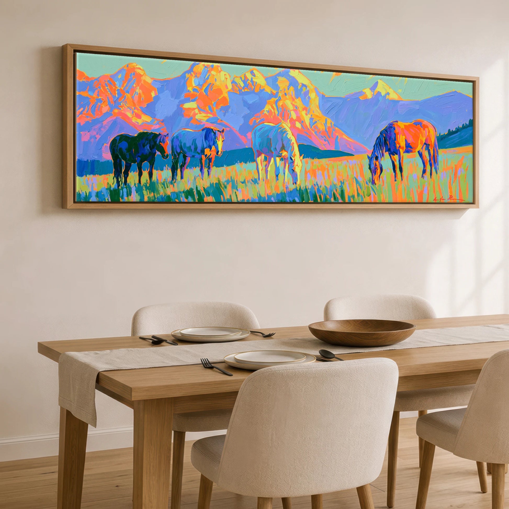 Painted Mountain Pasture Horse Landscape panoramic canvas wall art displayed above a dining table