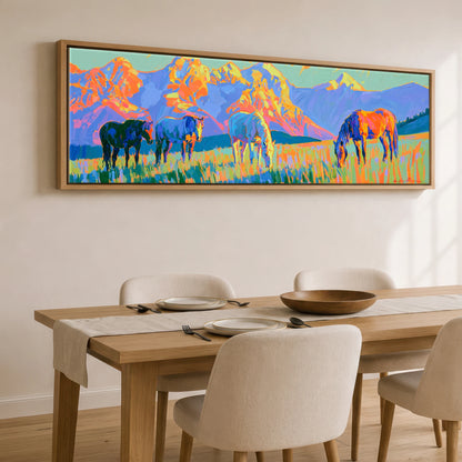 Painted Mountain Pasture Horse Landscape panoramic canvas wall art displayed above a dining table