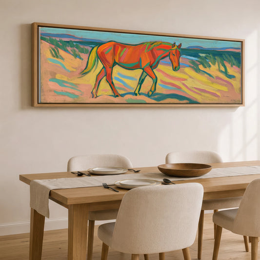 Vivid Coastal Stride Horse Landscape panoramic canvas wall art displayed above a dining table