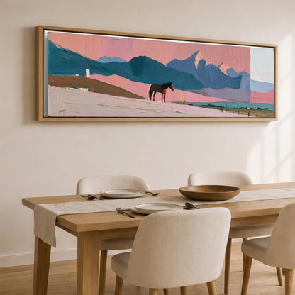 Rose and Teal Horizon Horse Landscape panoramic canvas wall art displayed above a dining table