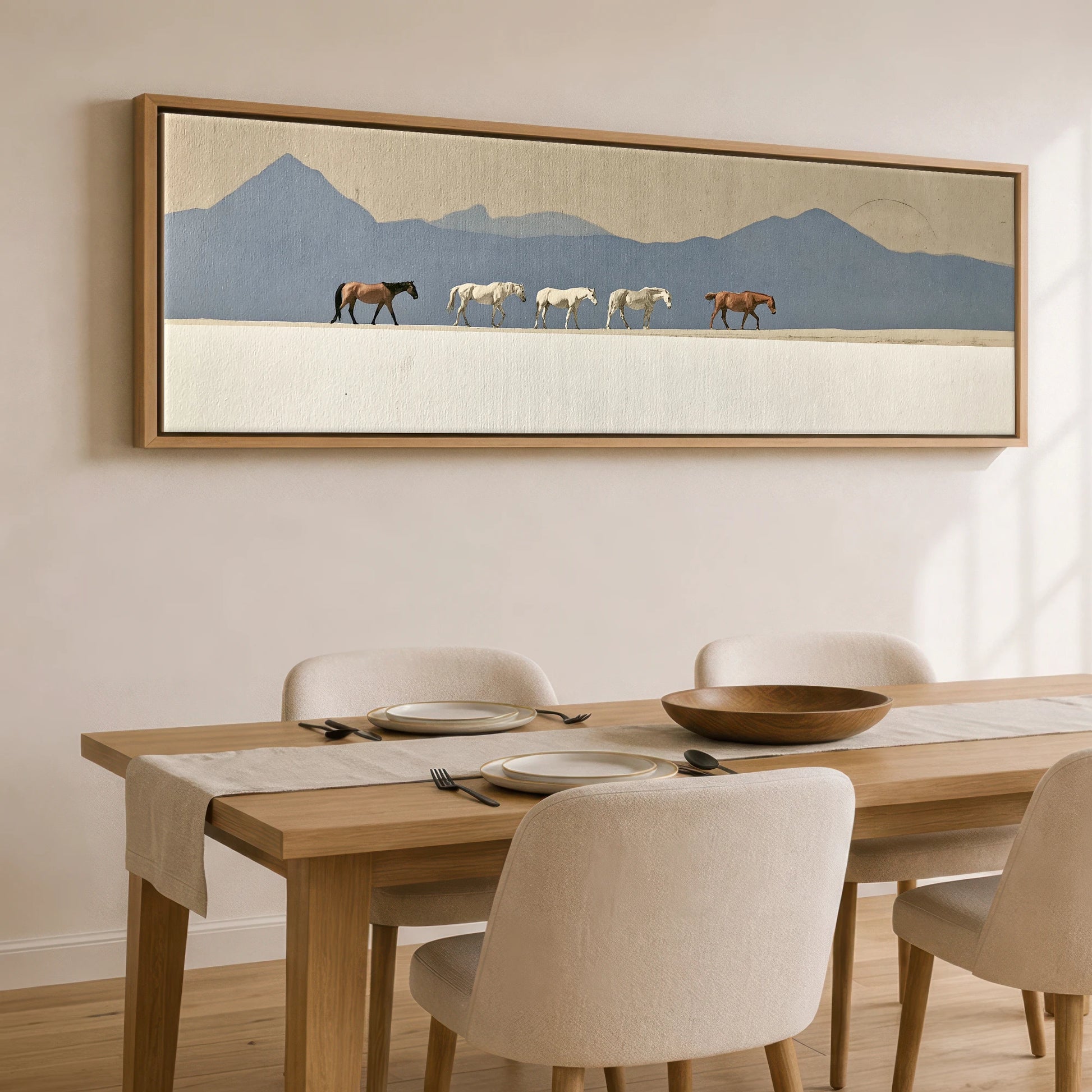 Journey Beneath Azure Peaks Horse Landscape panoramic canvas wall art displayed above a dining table