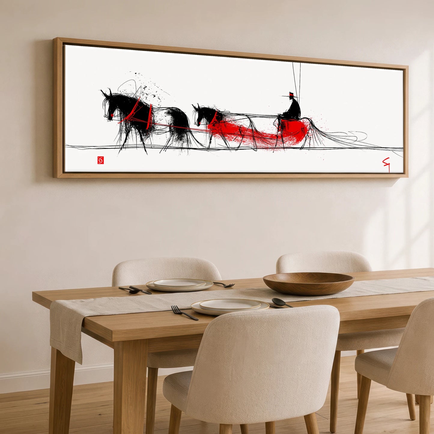 Crimson Ink Drive Working Horse panoramic canvas wall art displayed above a dining table