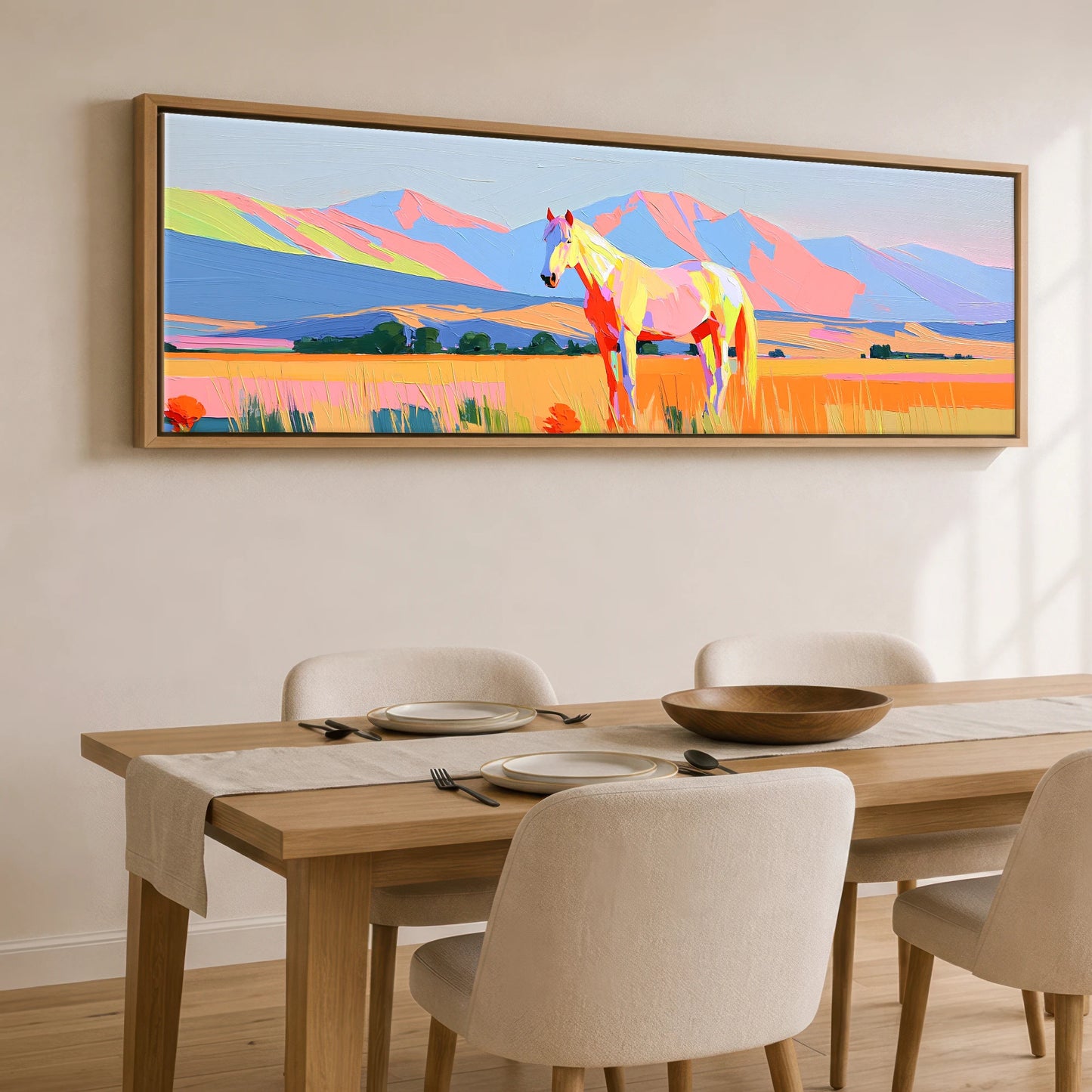 Technicolour Mountain Pasture Horse Landscape panoramic canvas wall art displayed above a dining table