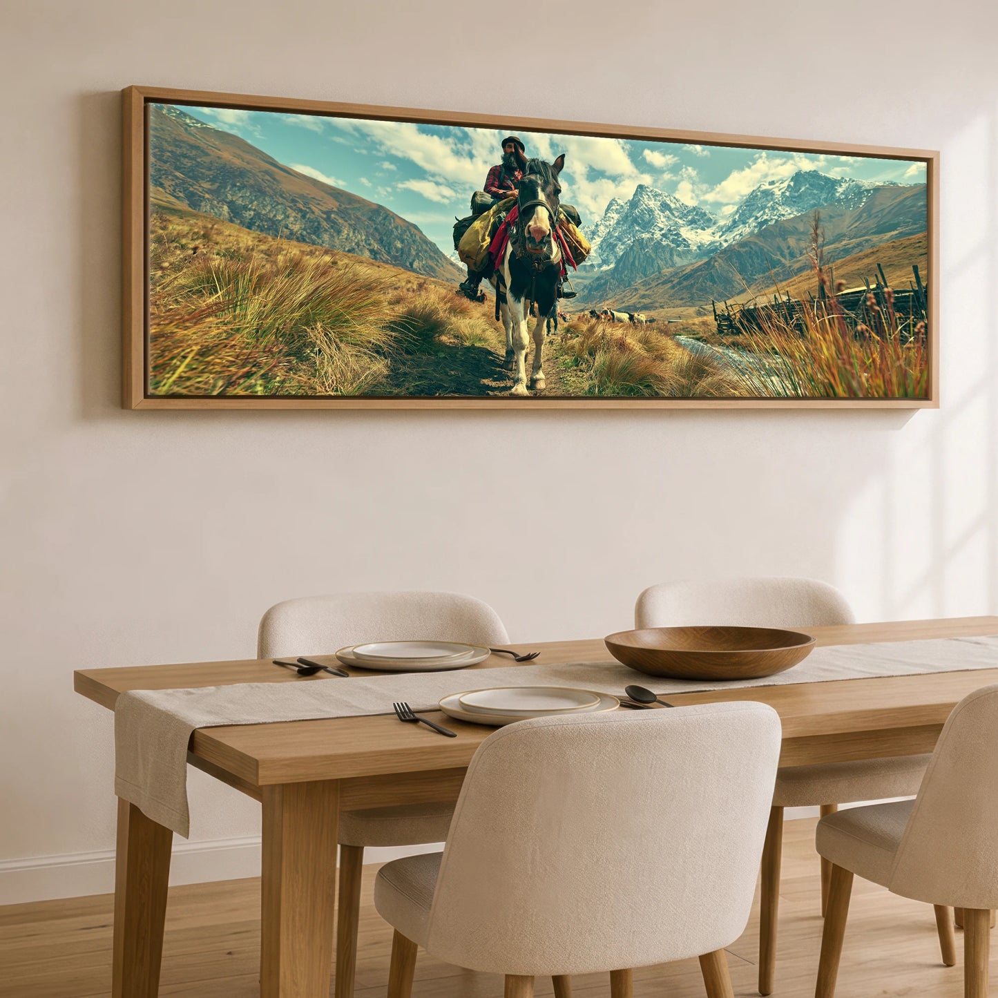 The High Pass Horse Landscape panoramic canvas wall art displayed above a dining table