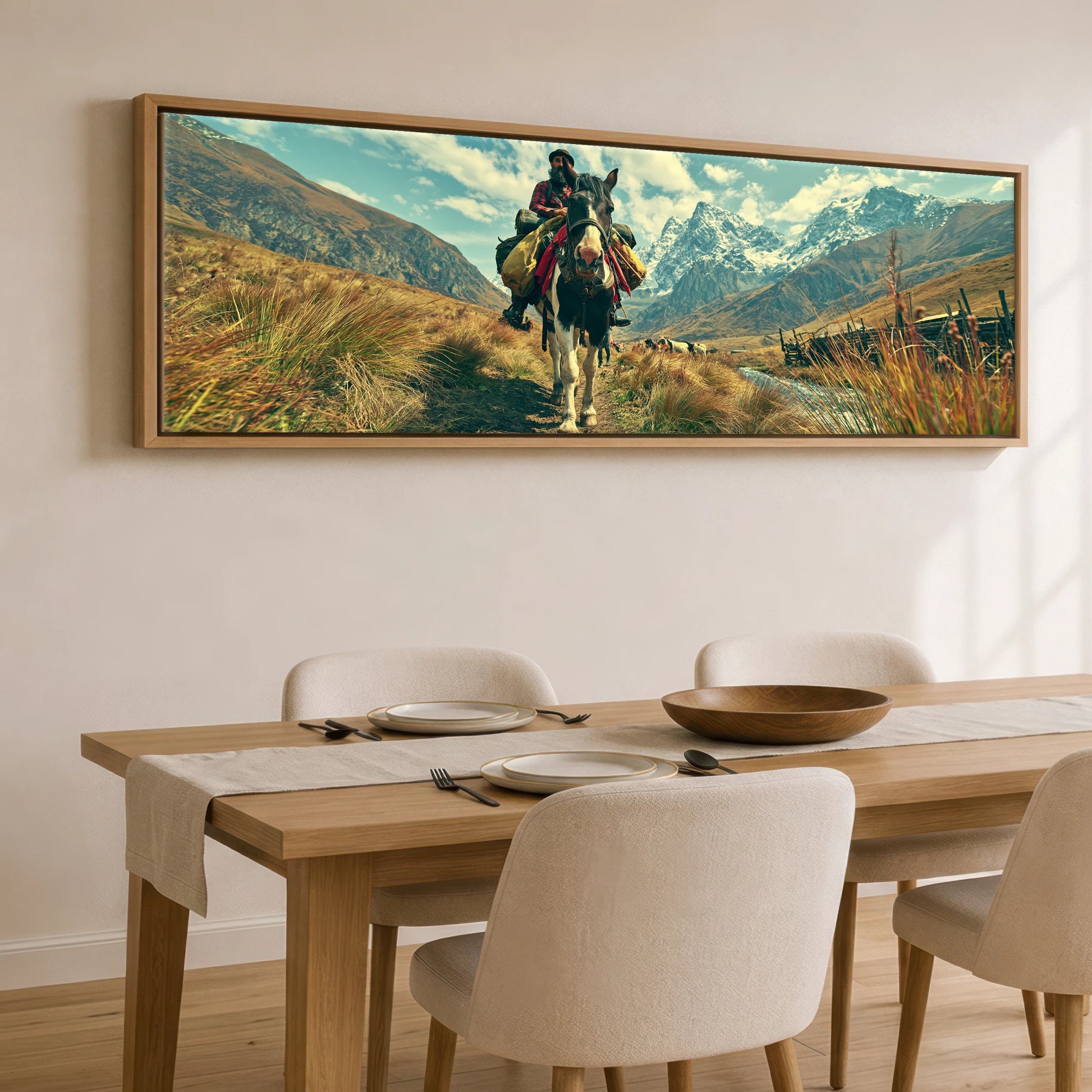 The High Pass Horse Landscape panoramic canvas wall art displayed above a dining table