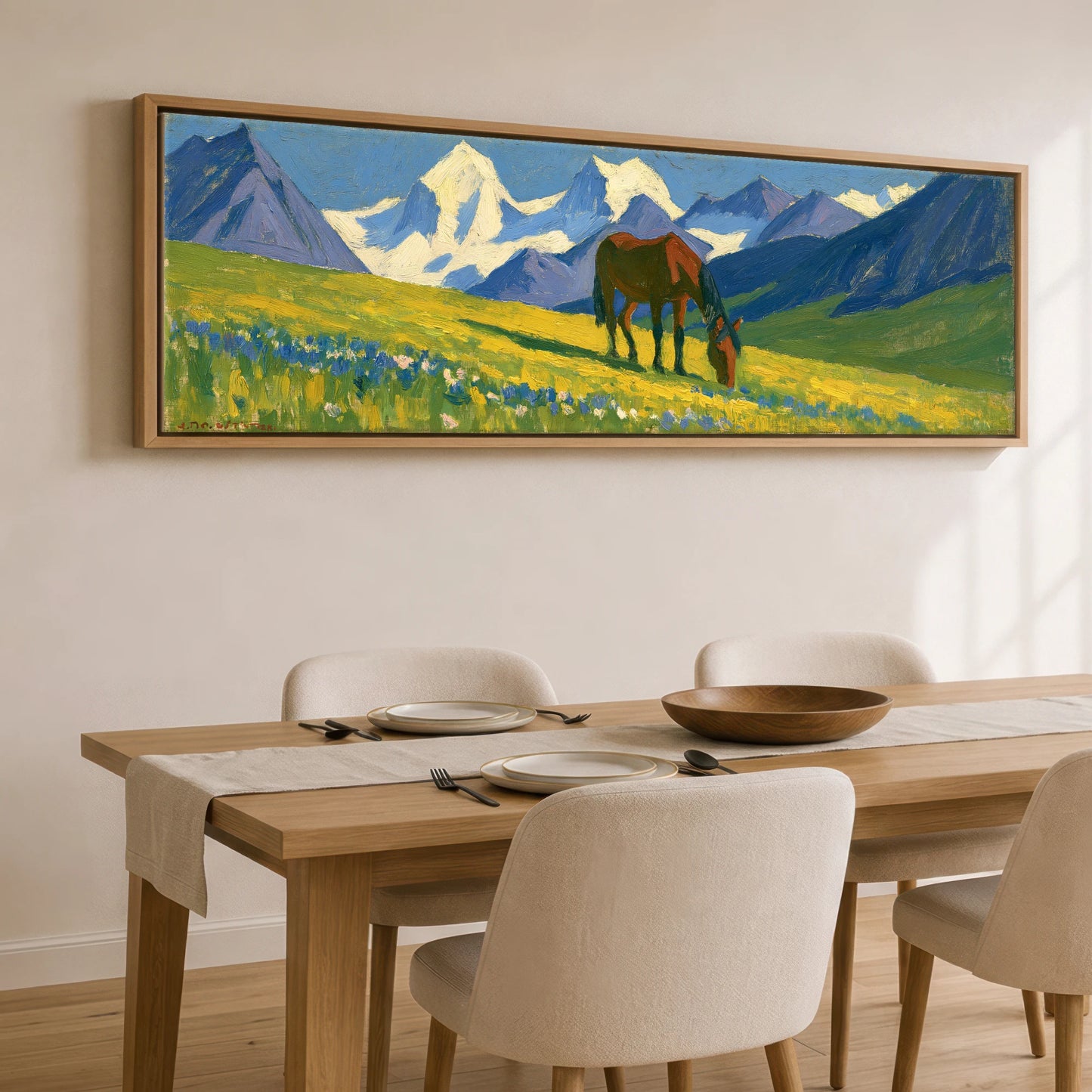 Vibrant Mountain Pasture Horse Landscape panoramic canvas wall art displayed above a dining table