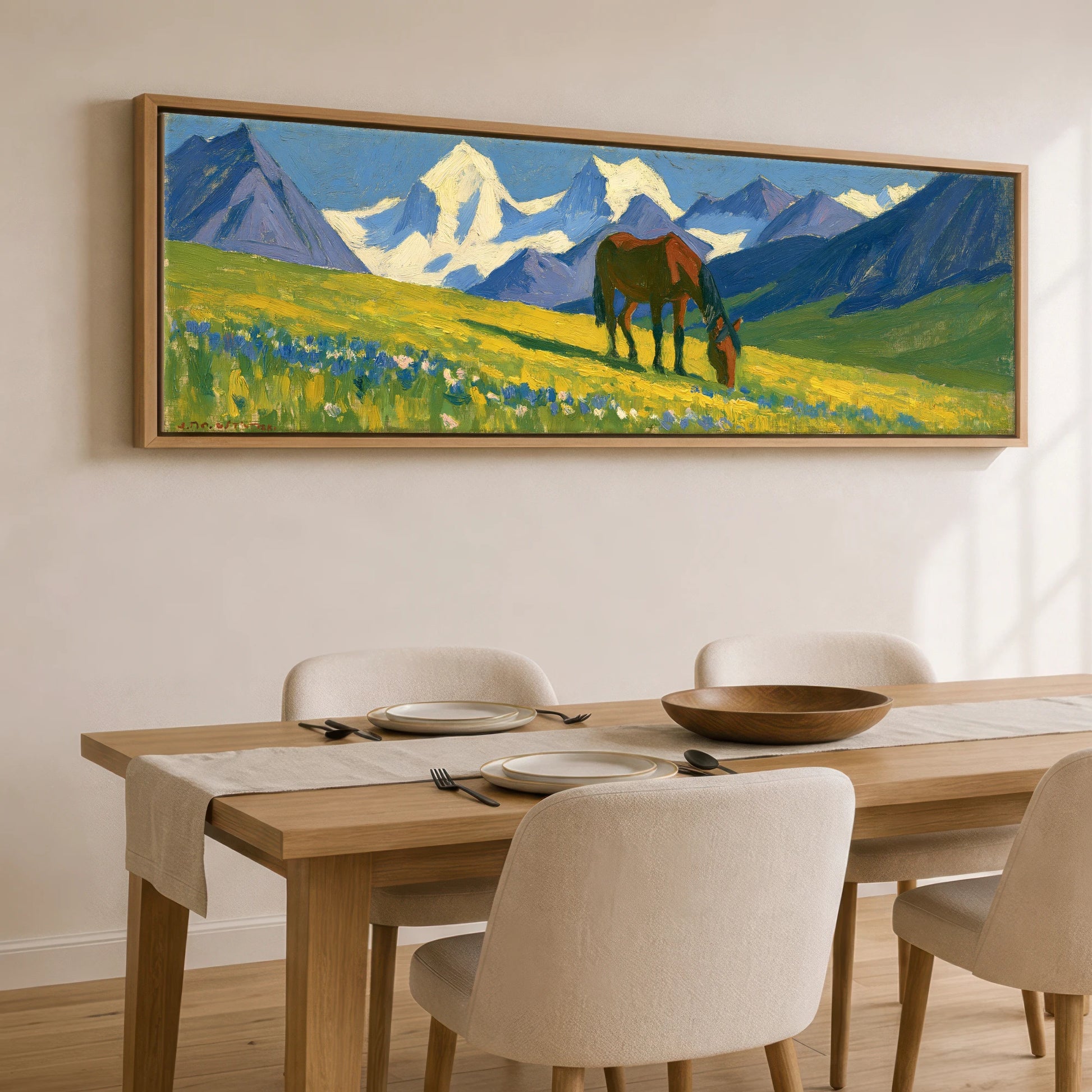 Vibrant Mountain Pasture Horse Landscape panoramic canvas wall art displayed above a dining table