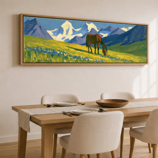 Vibrant Mountain Pasture Horse Landscape panoramic canvas wall art displayed above a dining table