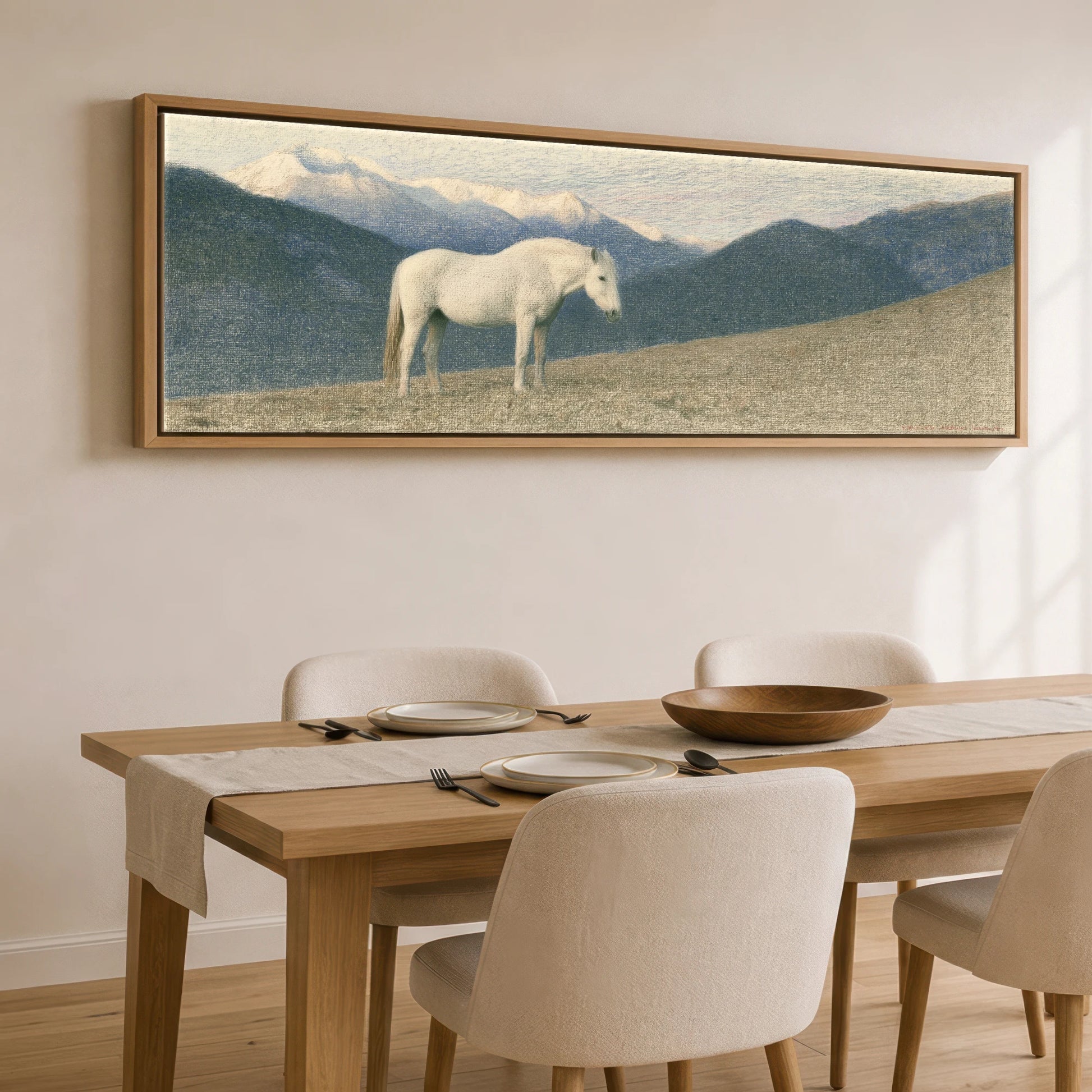 Highland Stillness Horse Landscape panoramic canvas wall art displayed above a dining table