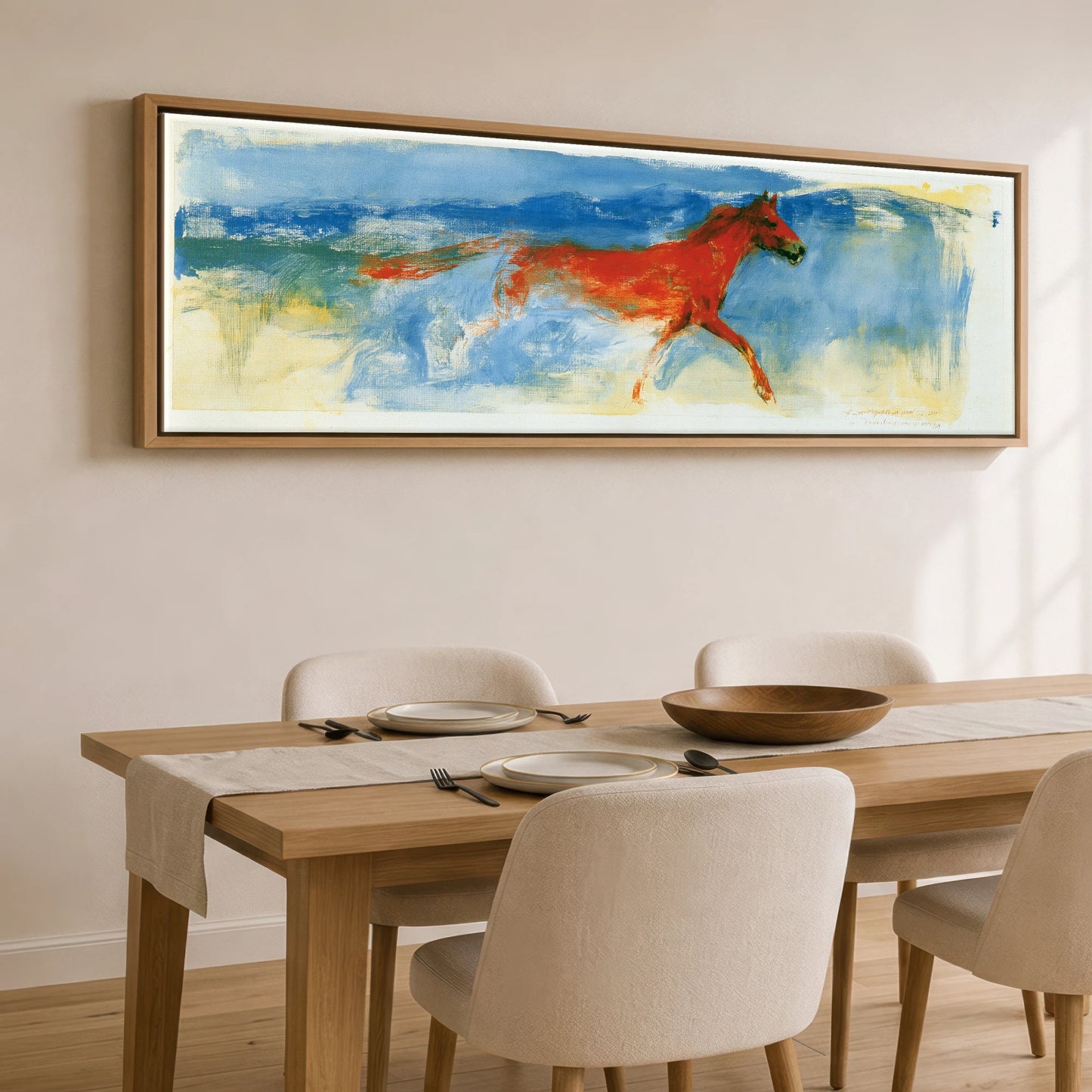 Cobalt and Crimson Canter Horse Landscape panoramic canvas wall art displayed above a dining table
