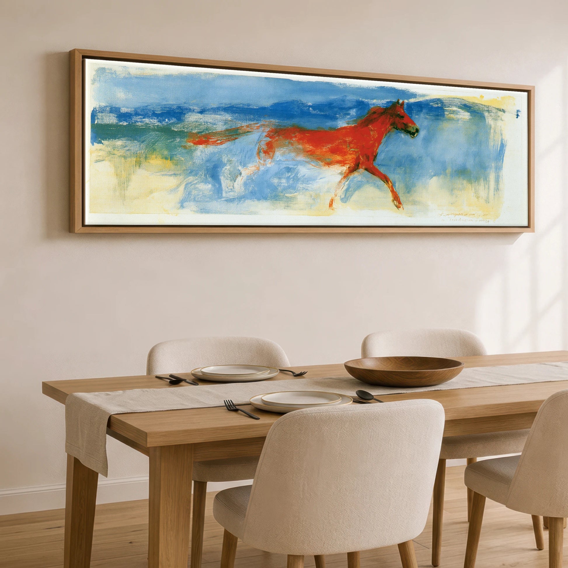 Cobalt and Crimson Canter Horse Landscape panoramic canvas wall art displayed above a dining table