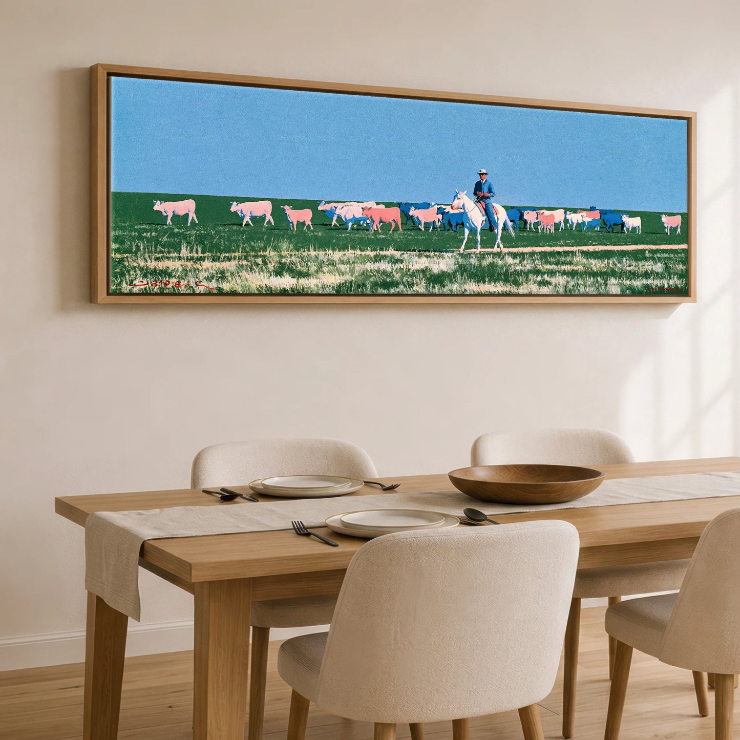 Big Sky Drover Western Horse panoramic canvas wall art displayed above a dining table