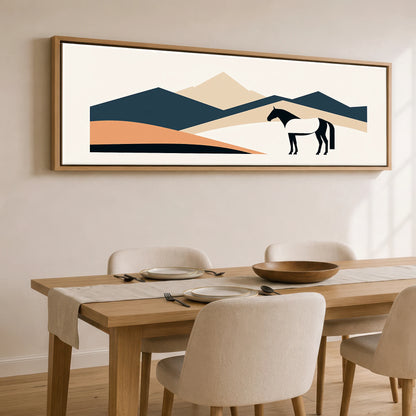 Geometric Equine Horizon Horse Landscape panoramic canvas wall art displayed above a dining table