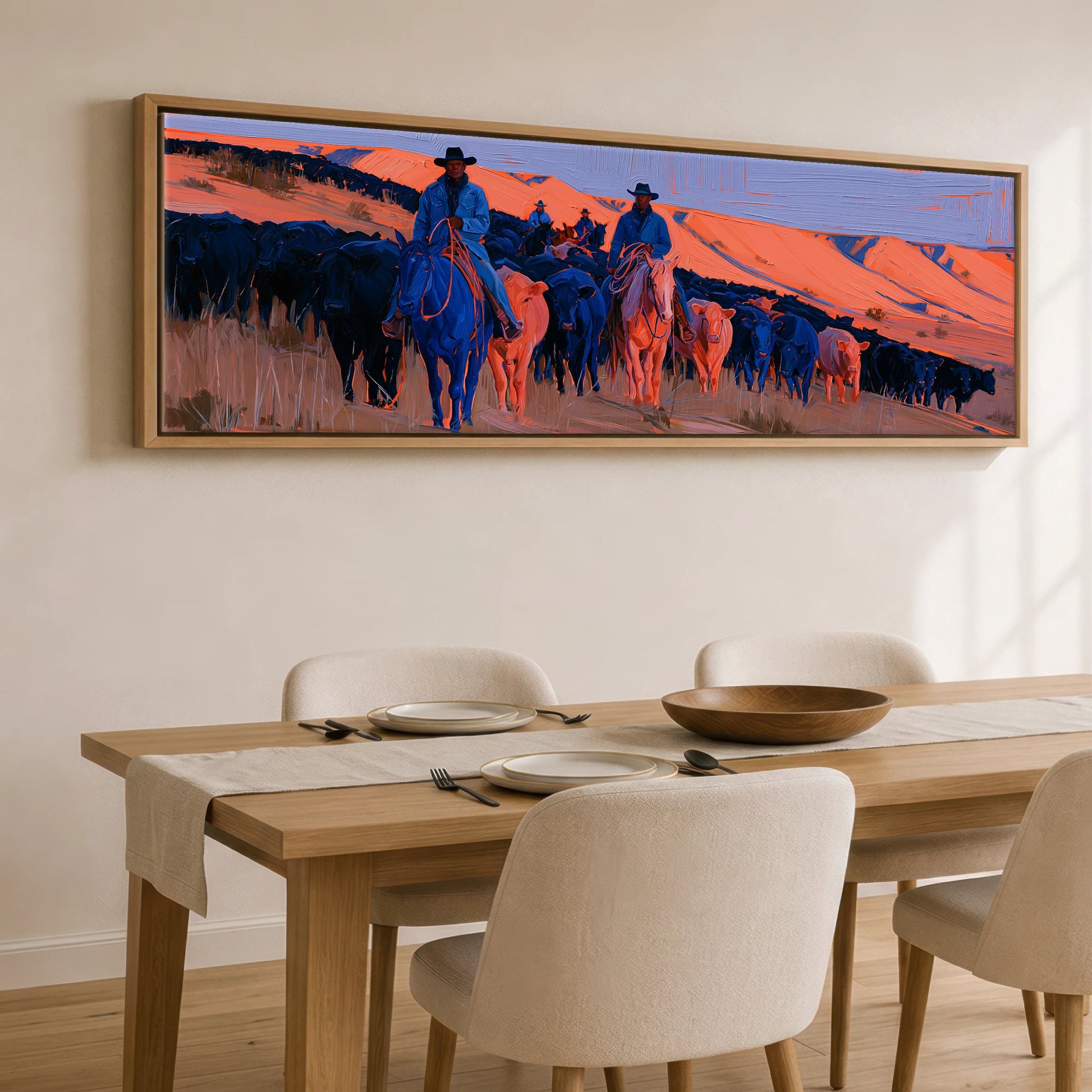 Indigo Western Trail Western Horse panoramic canvas wall art displayed above a dining table