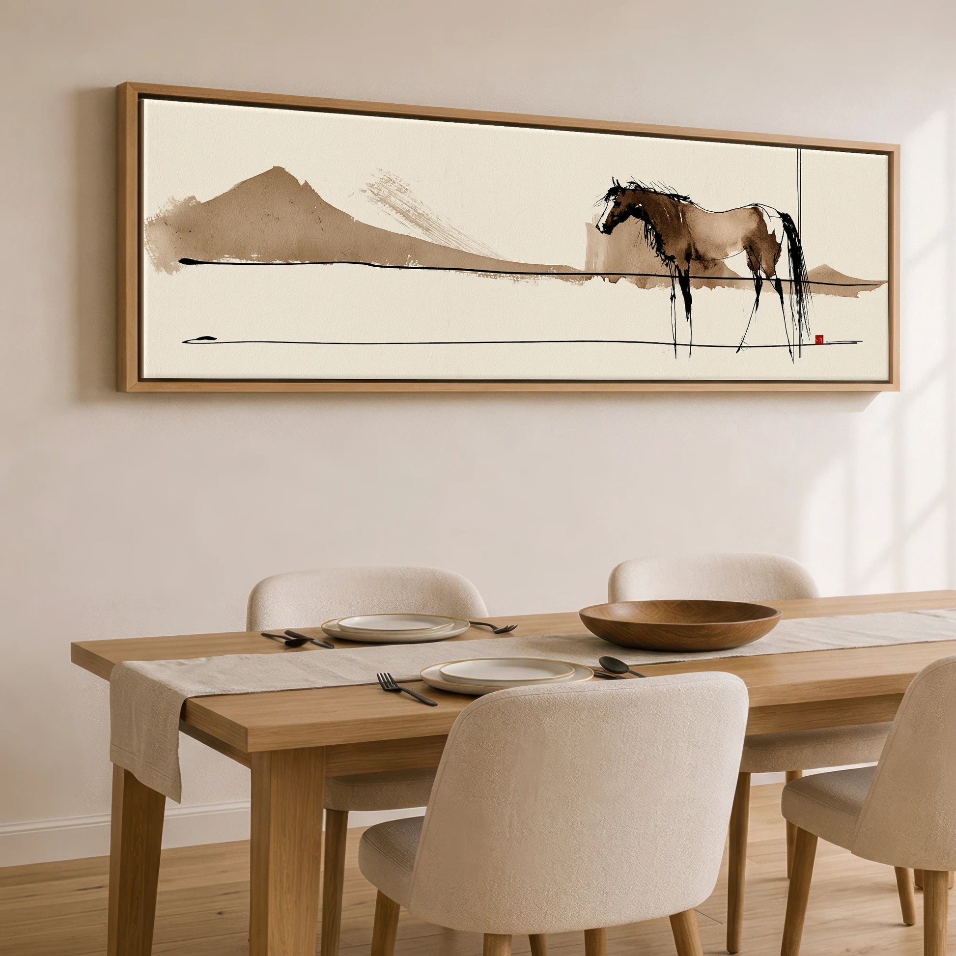 Silent Equine Horizon Horse Landscape panoramic canvas wall art displayed above a dining table