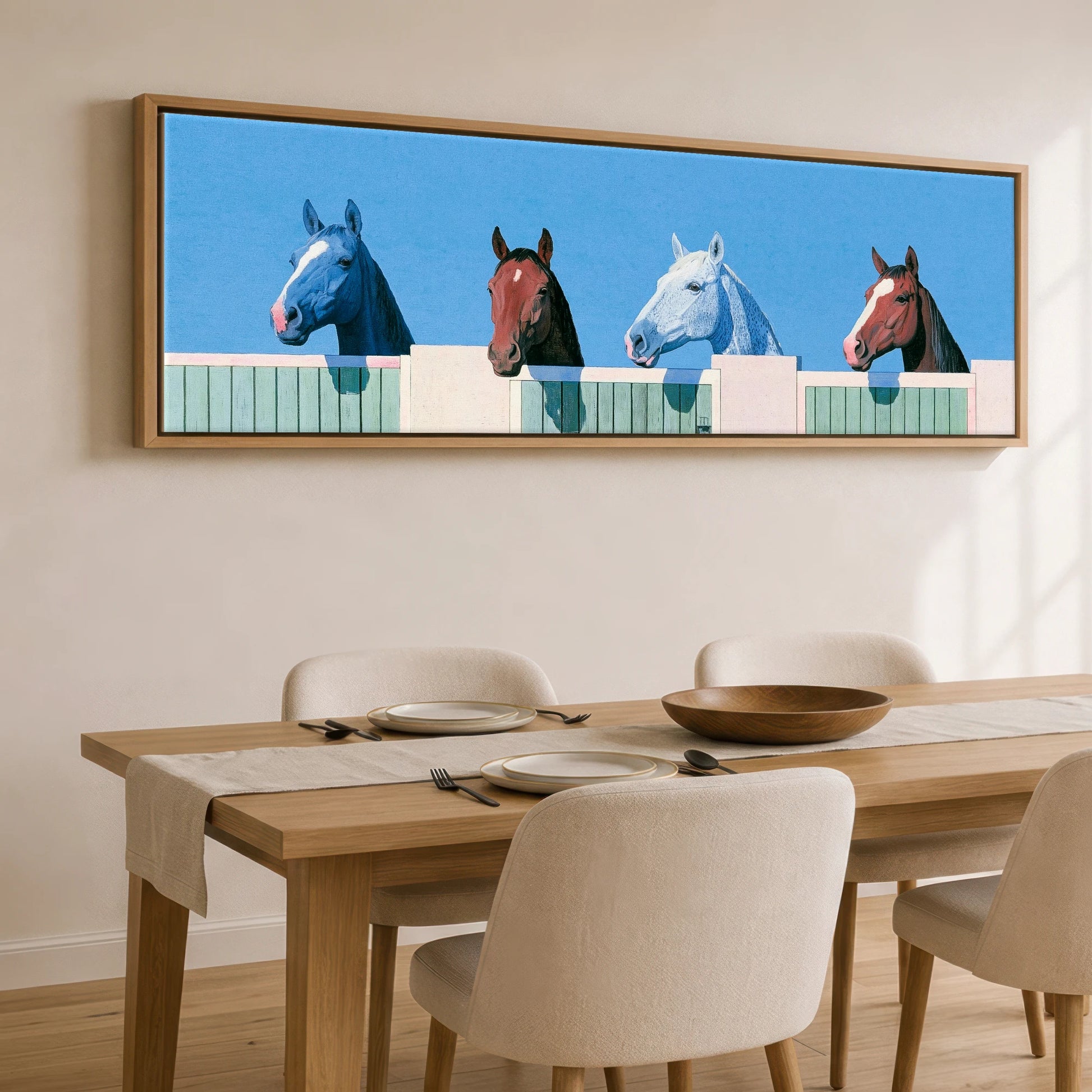 The Morning Line-Up Horse Stable panoramic canvas wall art displayed above a dining table