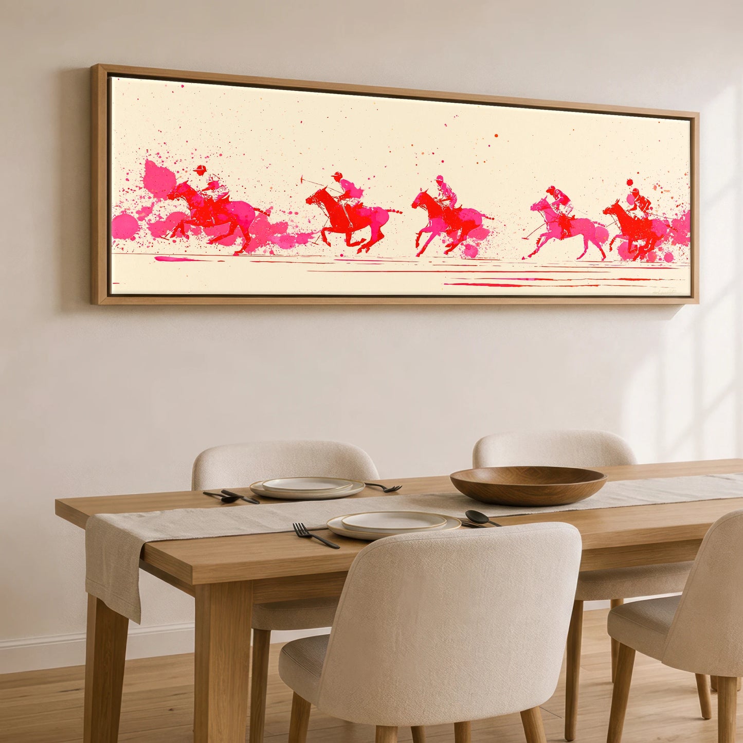 Vivid Polo Pursuit Polo Horse panoramic canvas wall art displayed above a dining table