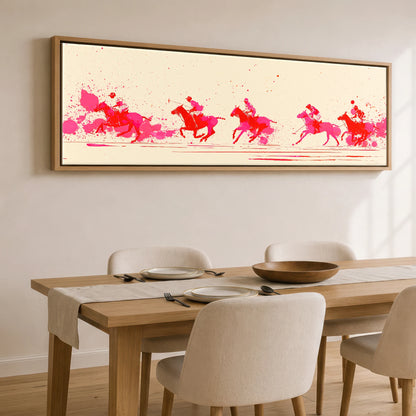 Vivid Polo Pursuit Polo Horse panoramic canvas wall art displayed above a dining table