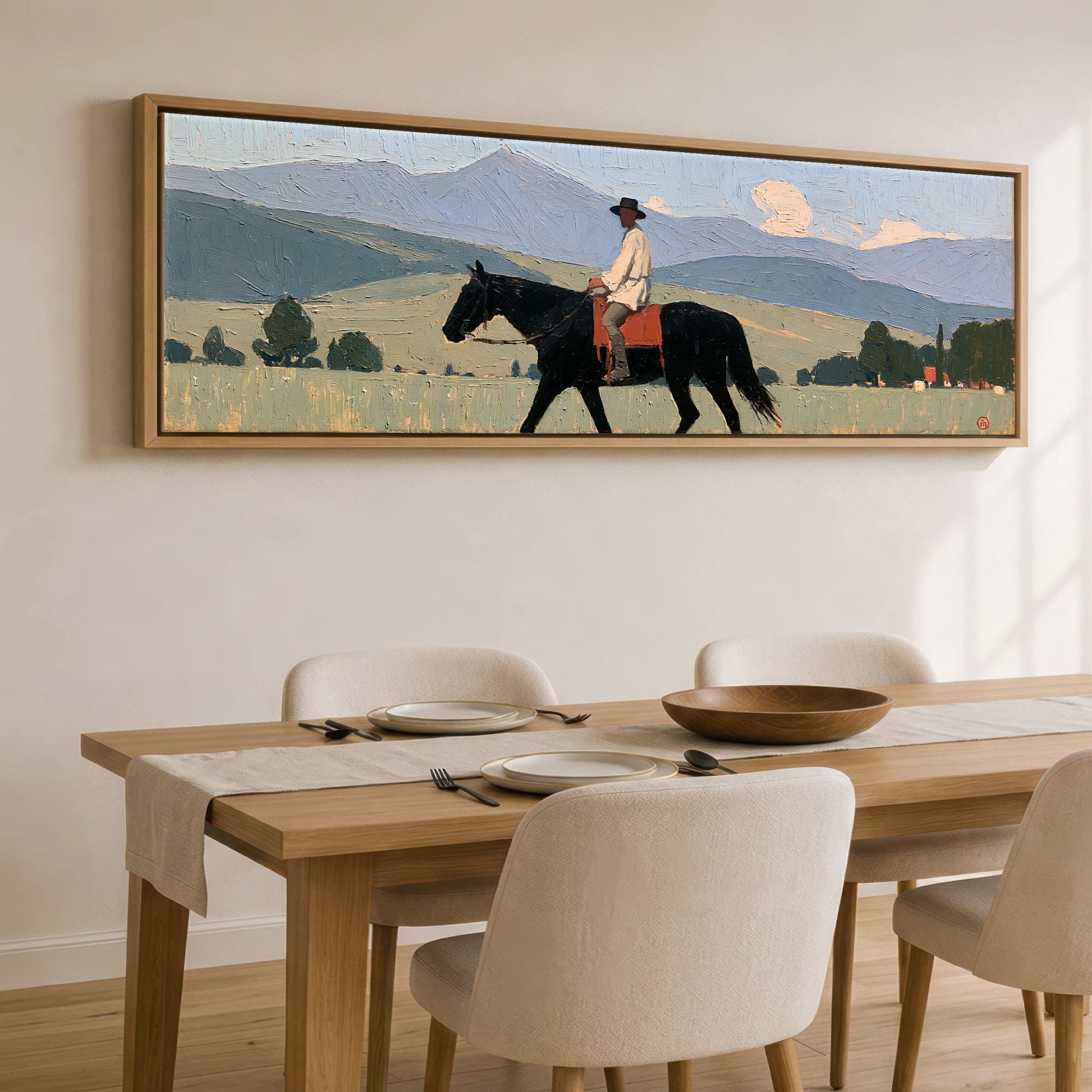 Across the Blue Ranges Horse Landscape panoramic canvas wall art displayed above a dining table