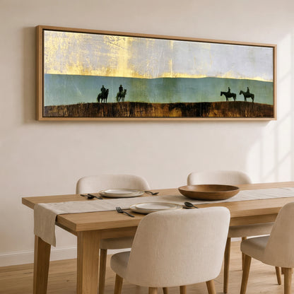 The Gilded Ridge Horse & Rider panoramic canvas wall art displayed above a dining table