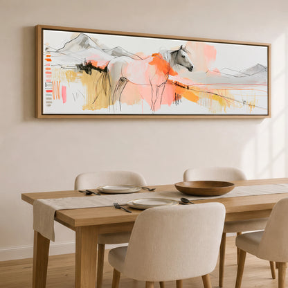 Painted Sunset Wanderer Horse Landscape panoramic canvas wall art displayed above a dining table