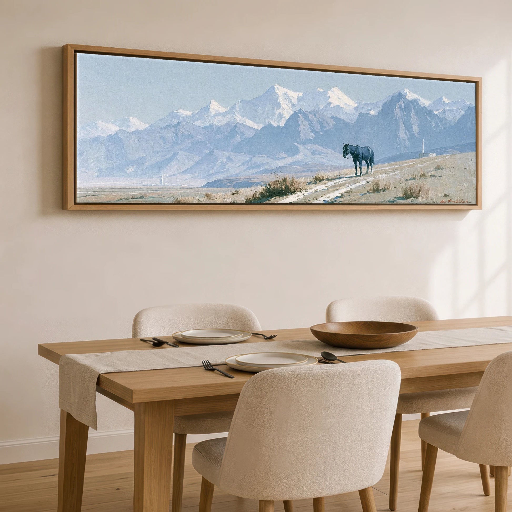 Mountain Solitude Horse Landscape panoramic canvas wall art displayed above a dining table