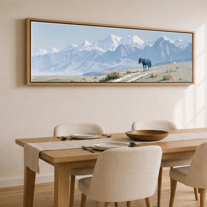 Mountain Solitude Horse Landscape panoramic canvas wall art displayed above a dining table