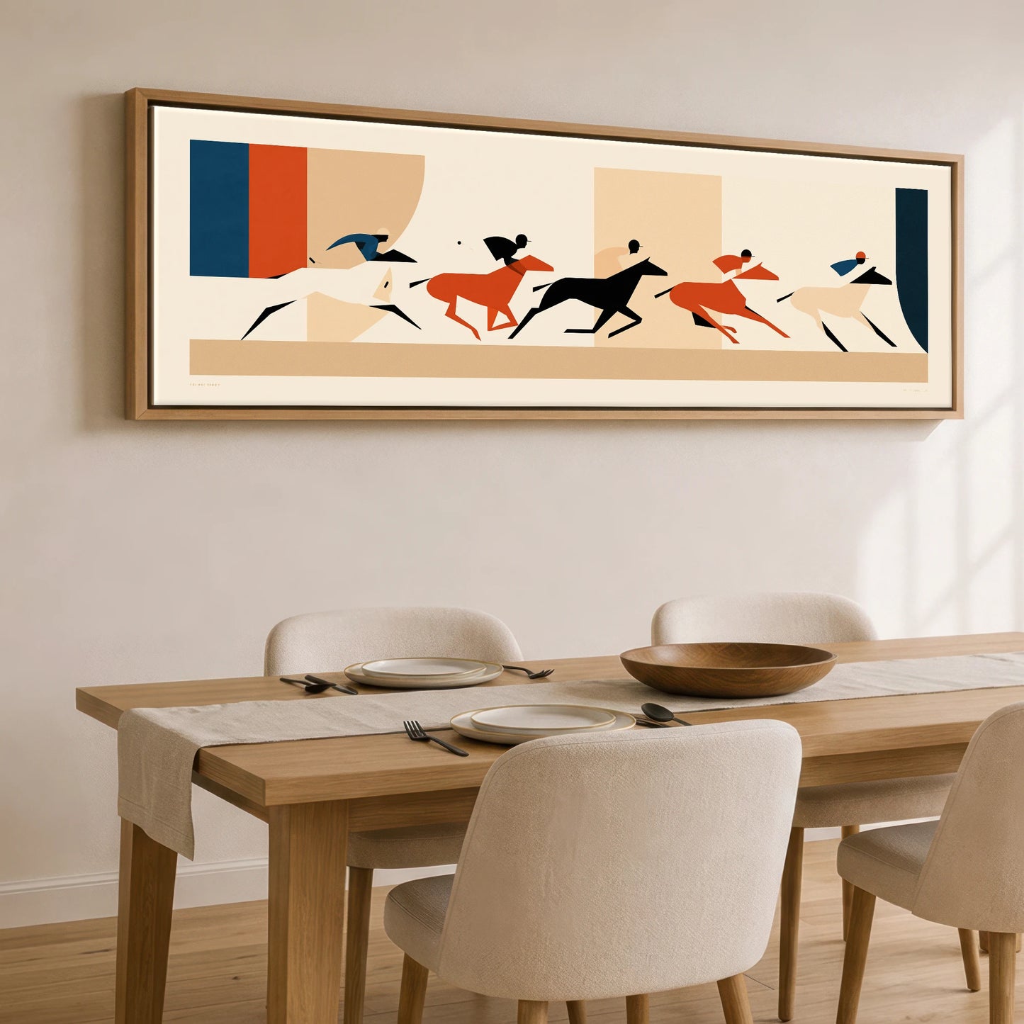 Retro Polo Pursuit Polo Horse panoramic canvas wall art displayed above a dining table