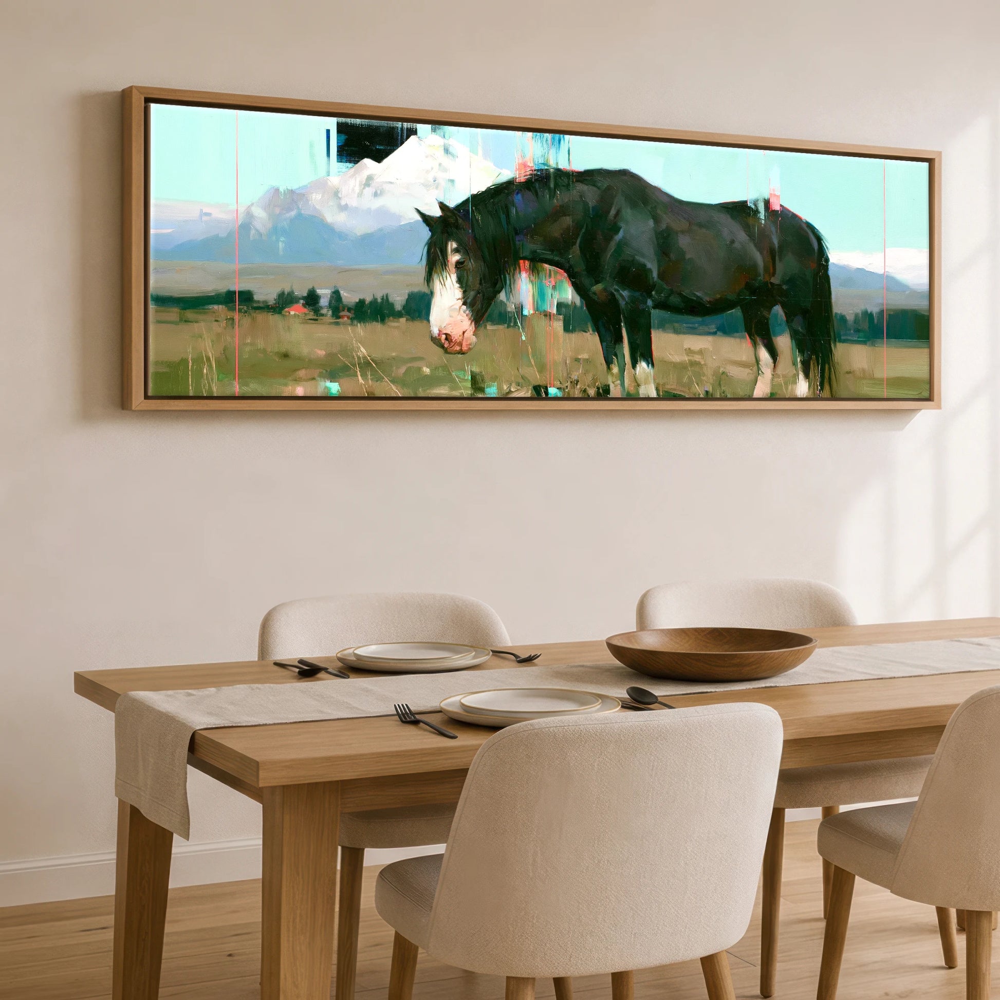 Midnight Coat Beneath Peaks Horse Landscape panoramic canvas wall art displayed above a dining table