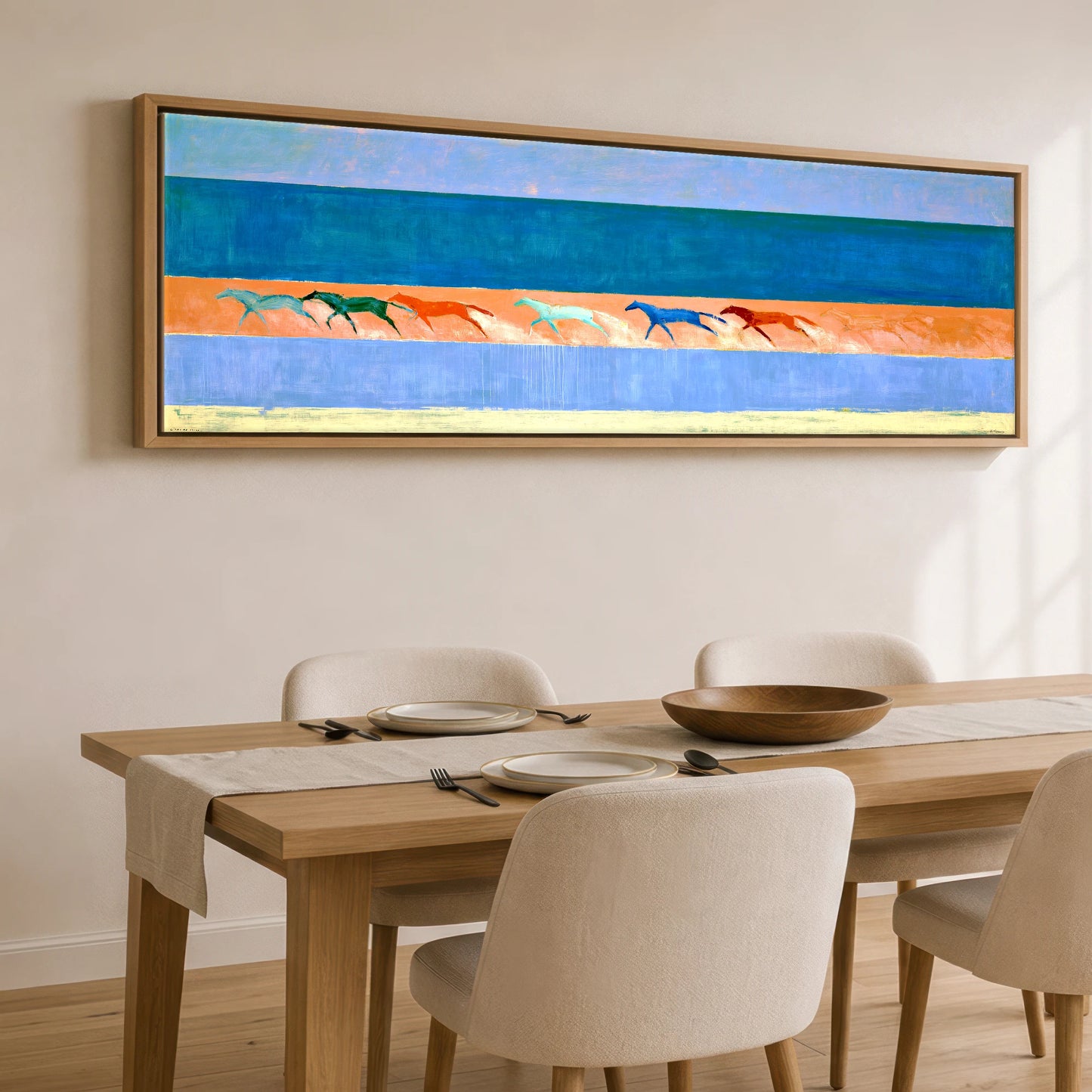 Rhythm of the Coast Beach Horse panoramic canvas wall art displayed above a dining table