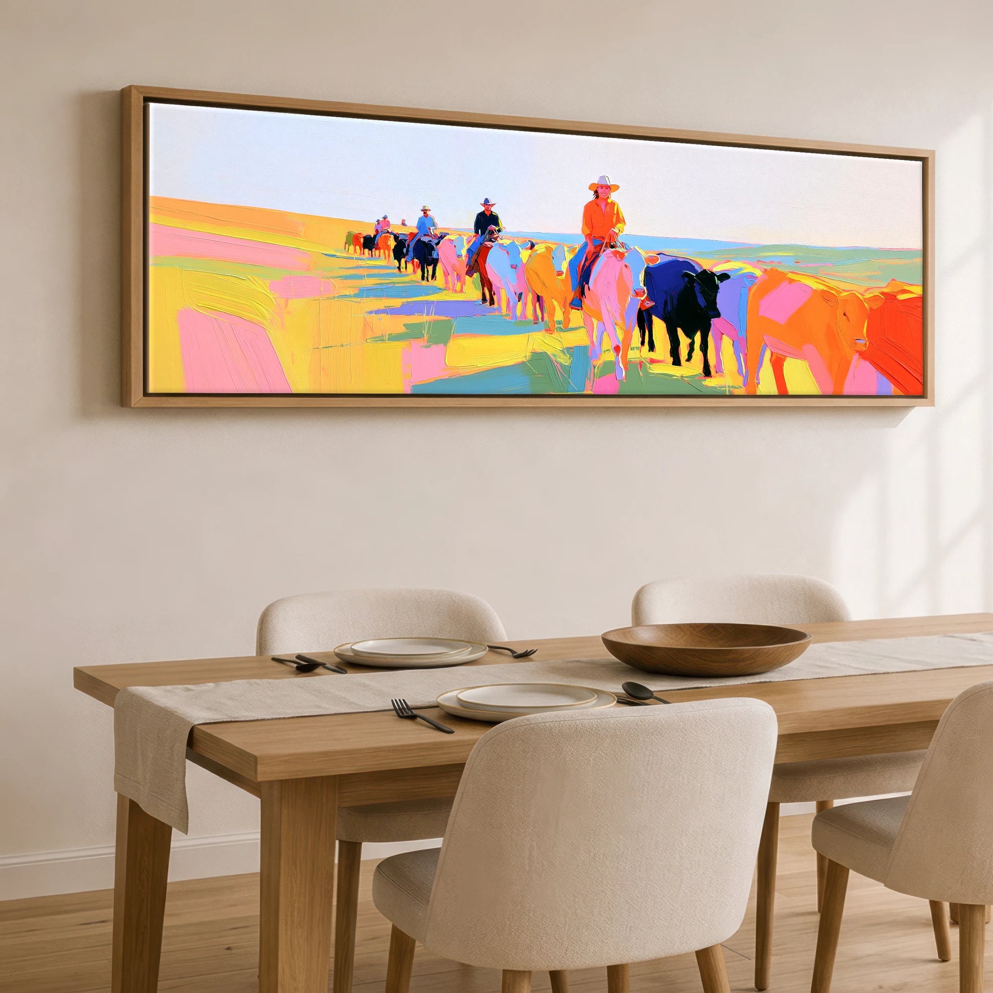 Painted Western Range Western Horse panoramic canvas wall art displayed above a dining table