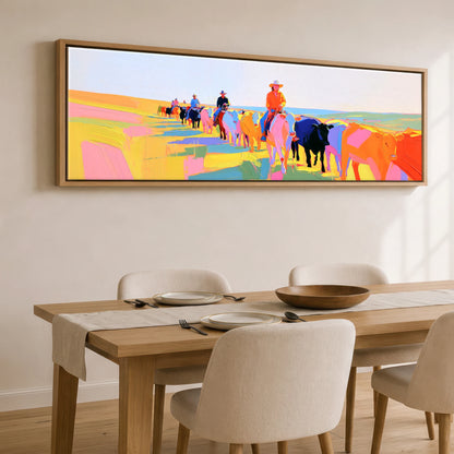 Painted Western Range Western Horse panoramic canvas wall art displayed above a dining table