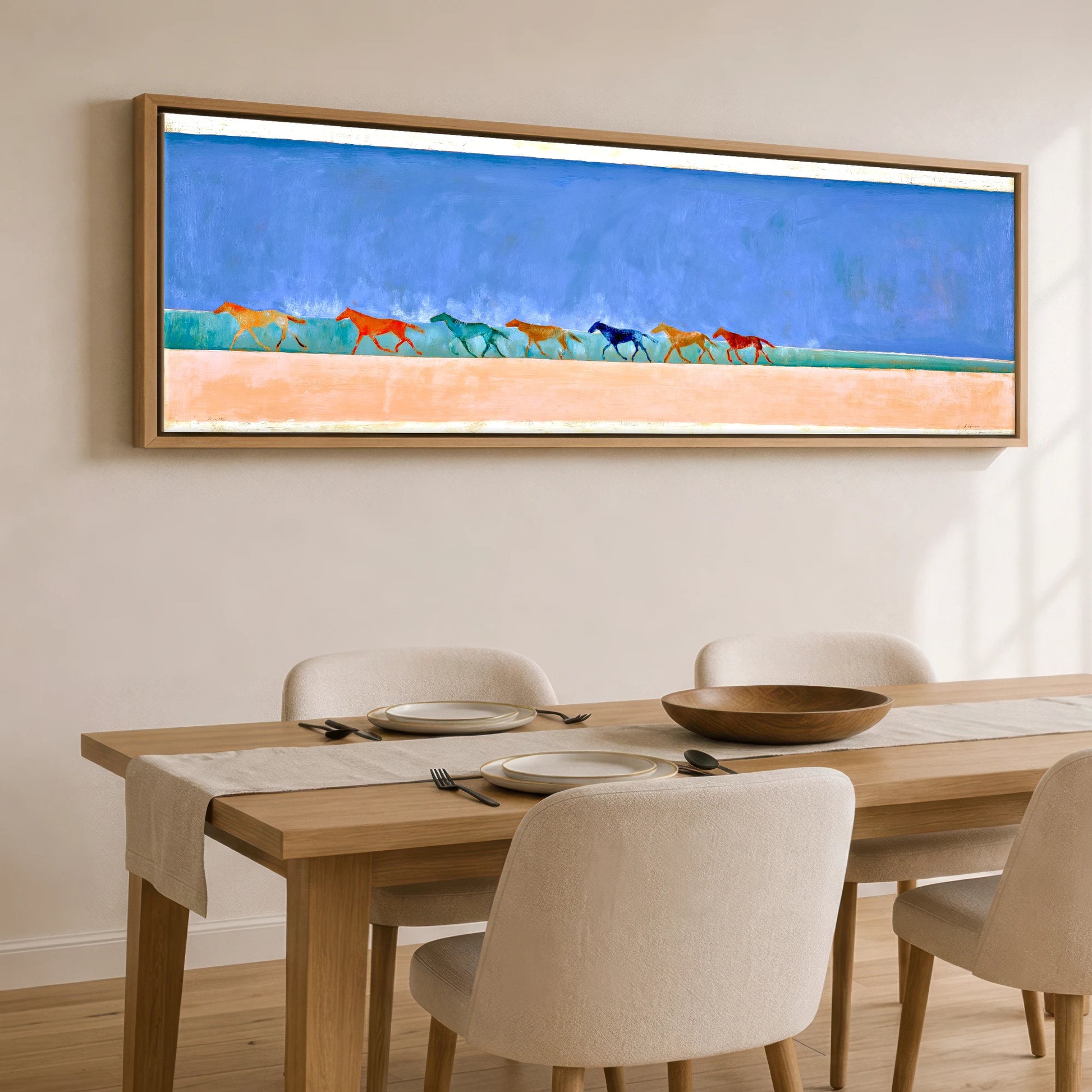 Rhythm of the Coast Beach Horse panoramic canvas wall art displayed above a dining table