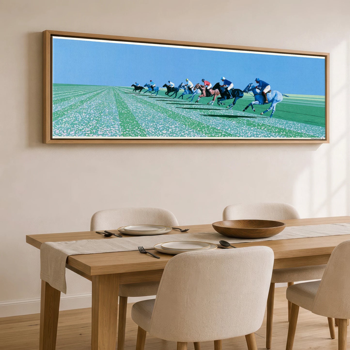 Rhythm of the Chukka Polo Horse panoramic canvas wall art displayed above a dining table