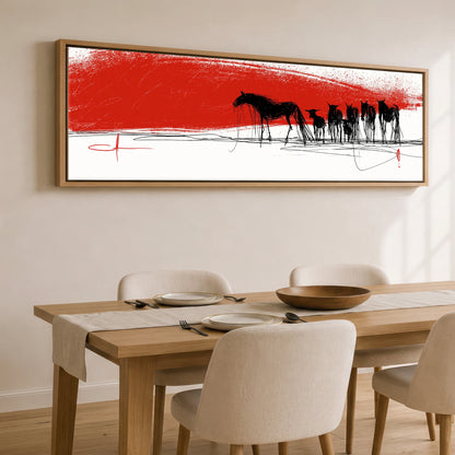 Crimson Horizon Herd Wild Horses panoramic canvas wall art displayed above a dining table