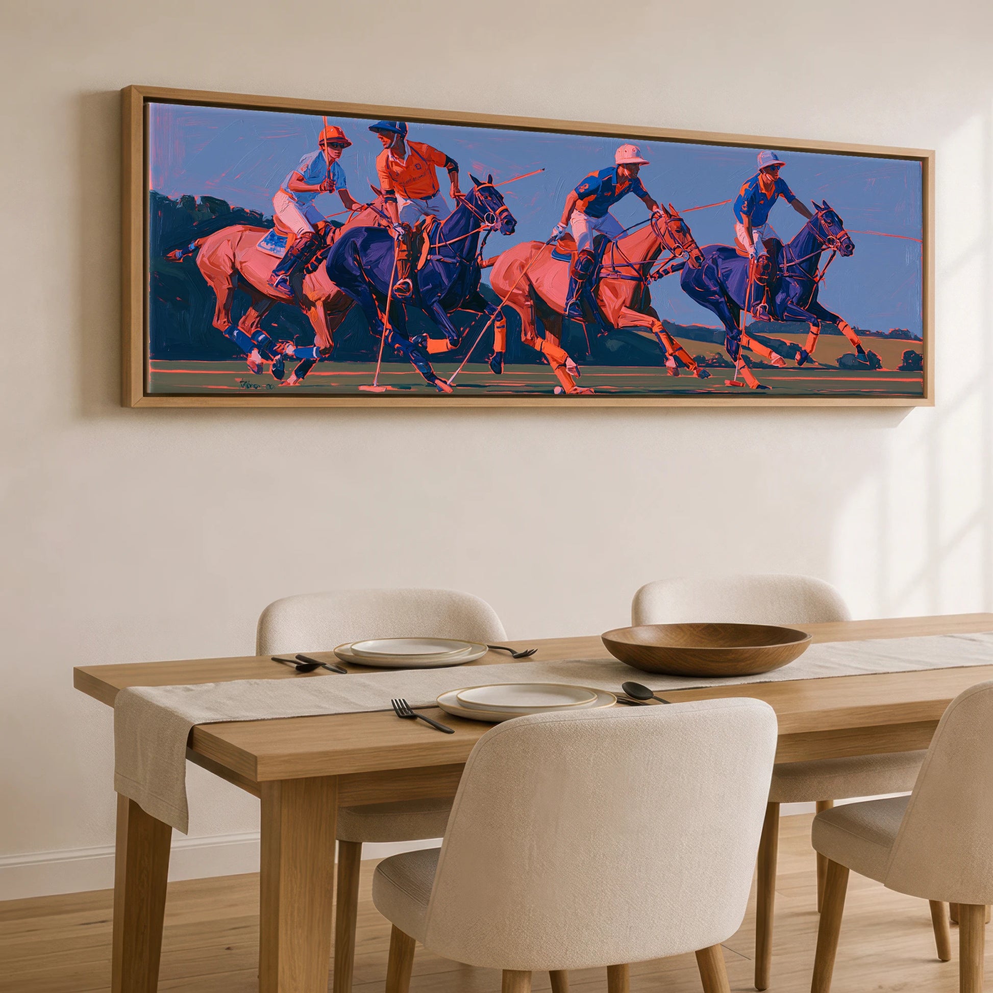 Vibrant Polo Charge Polo Horse panoramic canvas wall art displayed above a dining table