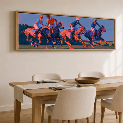 Vibrant Polo Charge Polo Horse panoramic canvas wall art displayed above a dining table