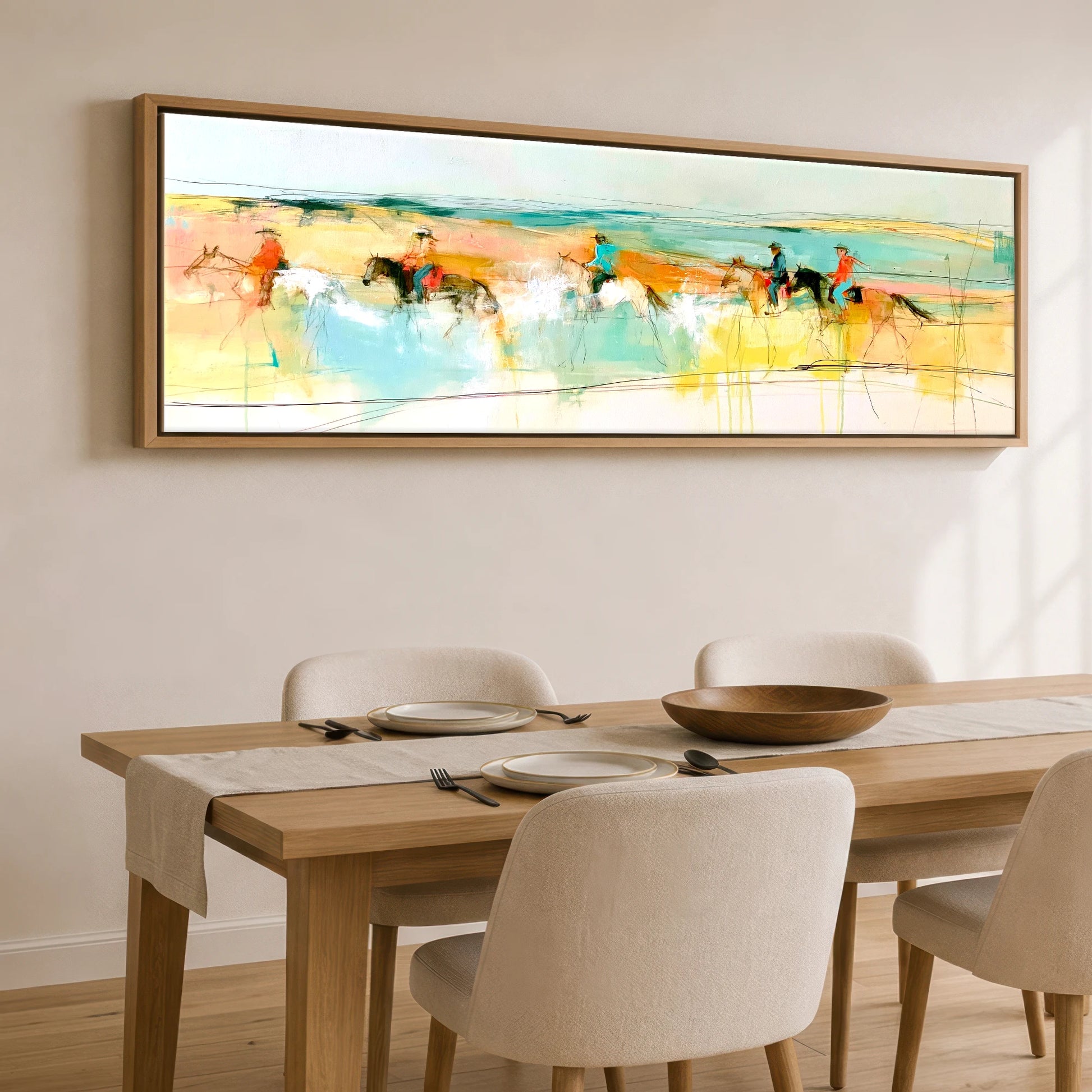 Vibrant Coastal Ride Beach Horse panoramic canvas wall art displayed above a dining table
