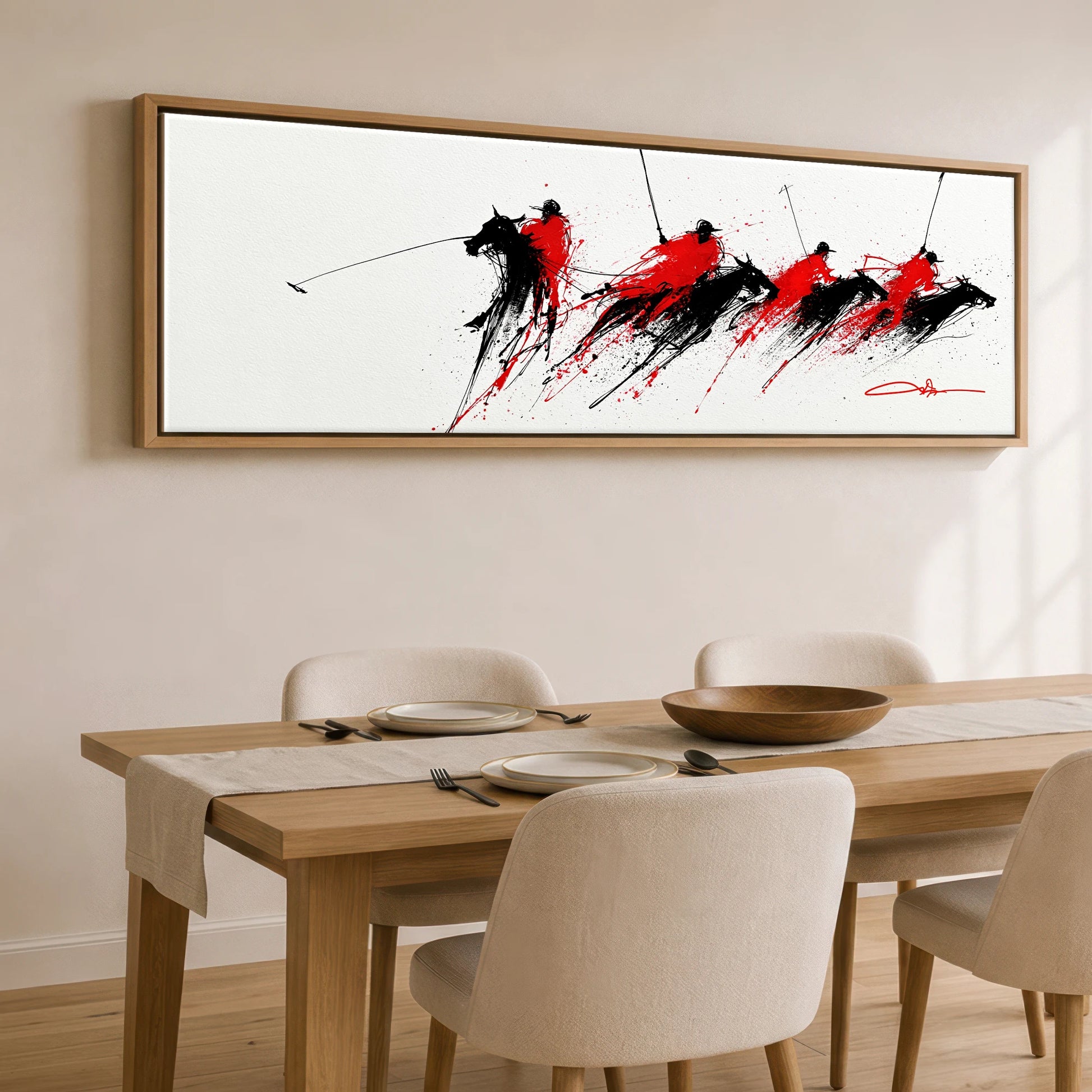 Crimson Polo Pursuit Polo Horse panoramic canvas wall art displayed above a dining table