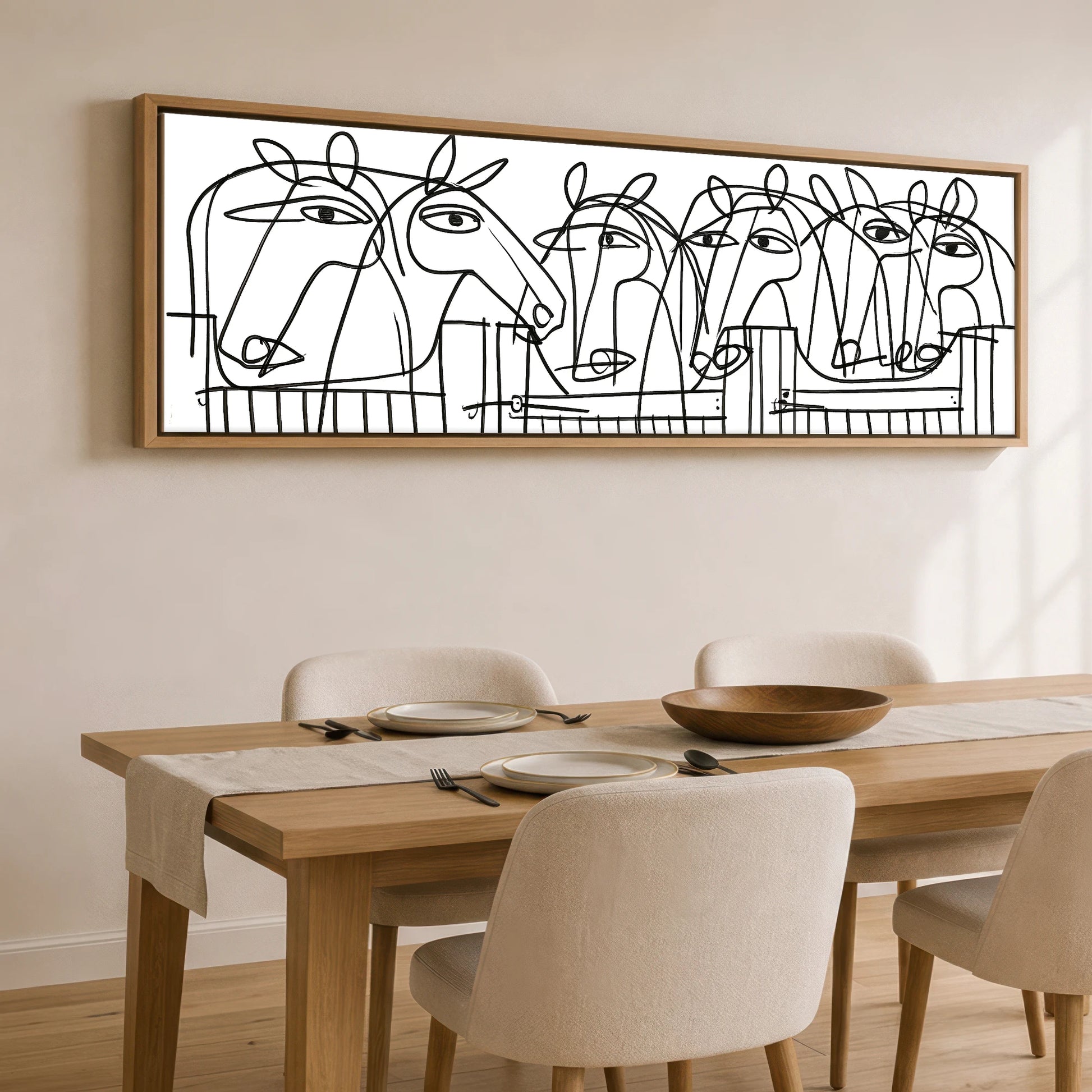 Linear Yard Horse Stable panoramic canvas wall art displayed above a dining table
