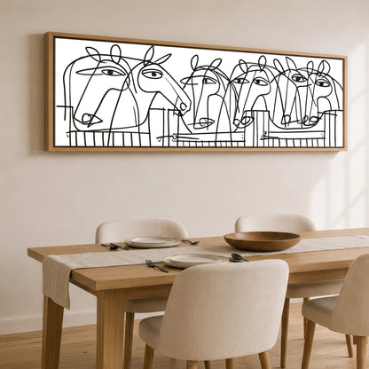 Linear Yard Horse Stable panoramic canvas wall art displayed above a dining table