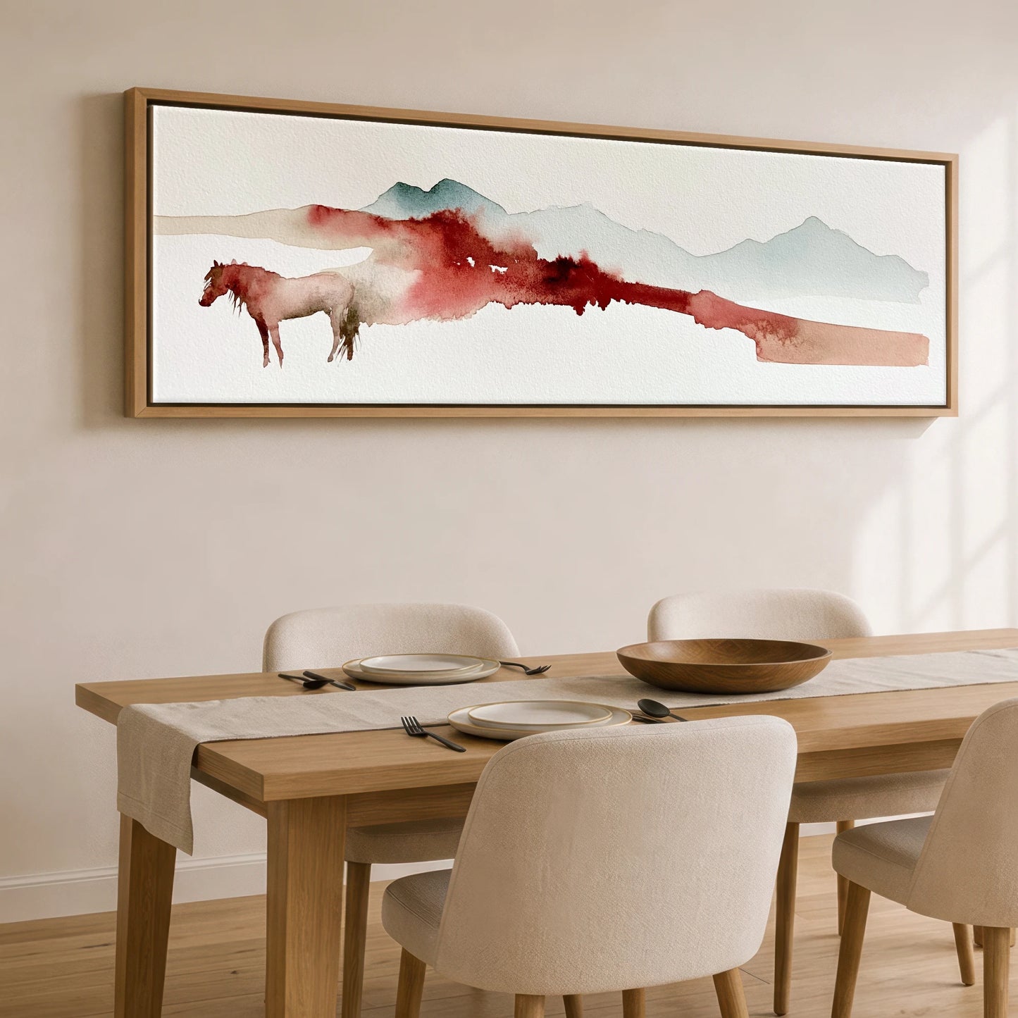 Crimson Ridge Horizon Horse Landscape panoramic canvas wall art displayed above a dining table