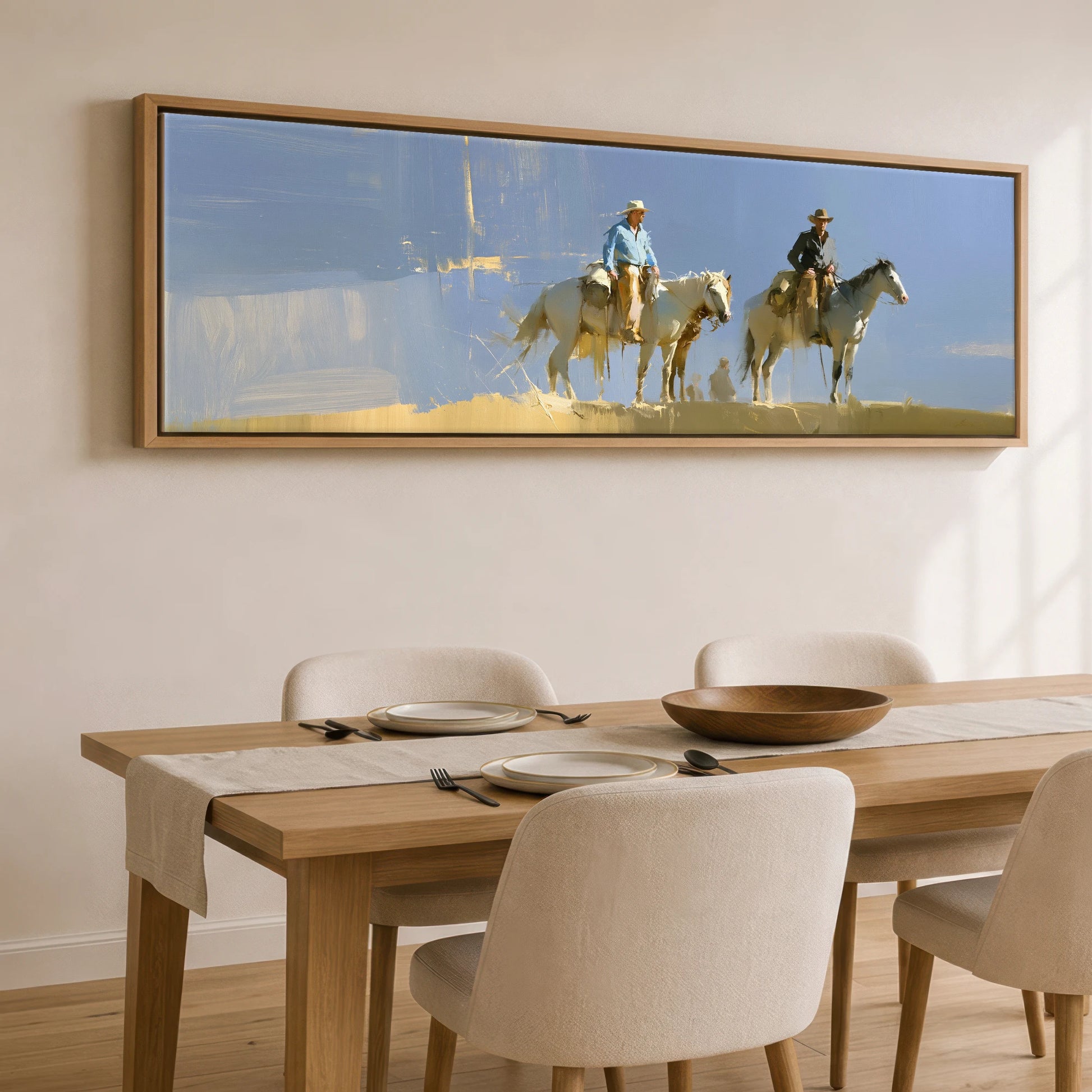 Sunlit Range Riders Horse & Rider panoramic canvas wall art displayed above a dining table