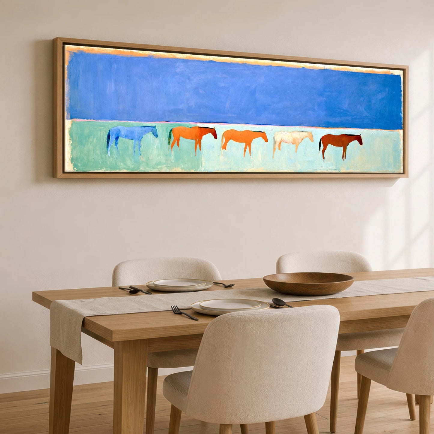 Painted Beach Lineup Beach Horse panoramic canvas wall art displayed above a dining table