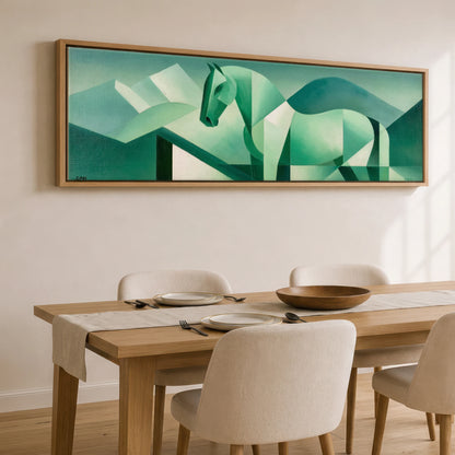 Structured Jade Equine Horse Landscape panoramic canvas wall art displayed above a dining table
